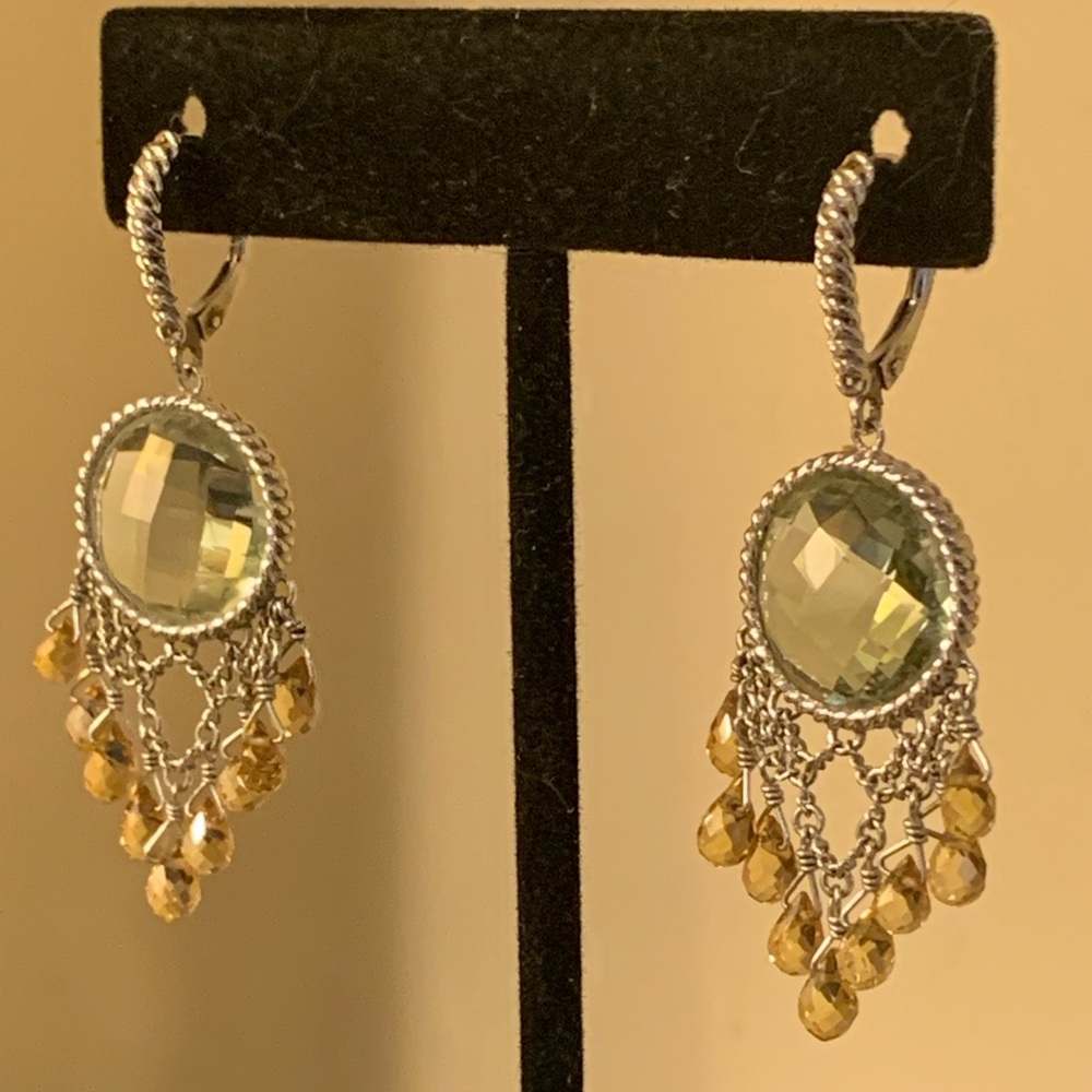 Ross Simons chandelier earrings with green amethyst and citrine quartz.